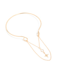 Showcasing a gold celestial arm cuff with chain drop detail front view - link has visual effect only