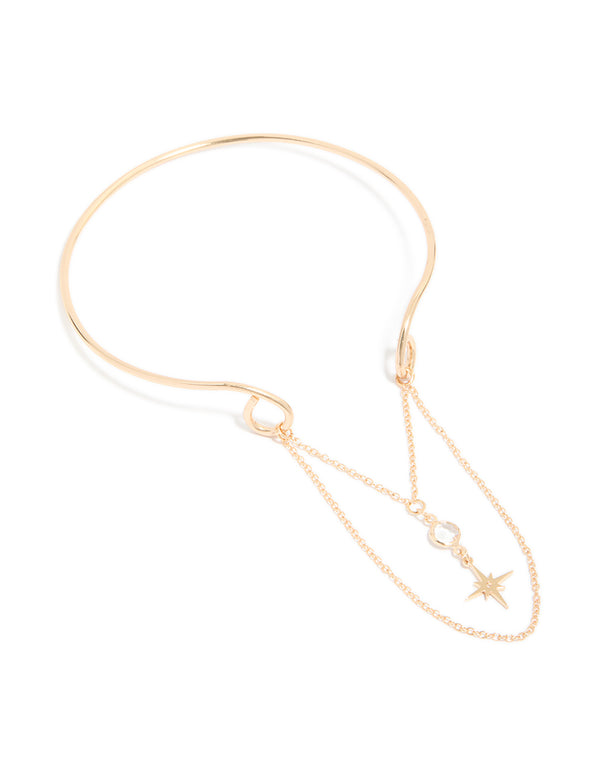Showcasing a gold celestial arm cuff with chain drop detail front view