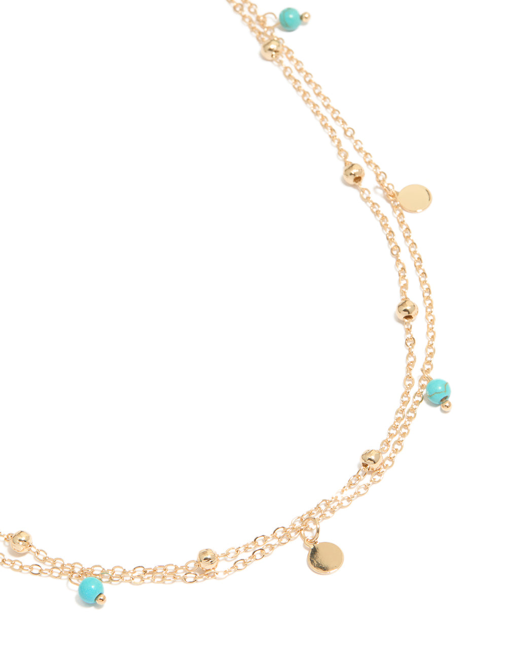 Beautifully designed waist chain with turquoise beads, gold ball, charms and embellished layered detail view