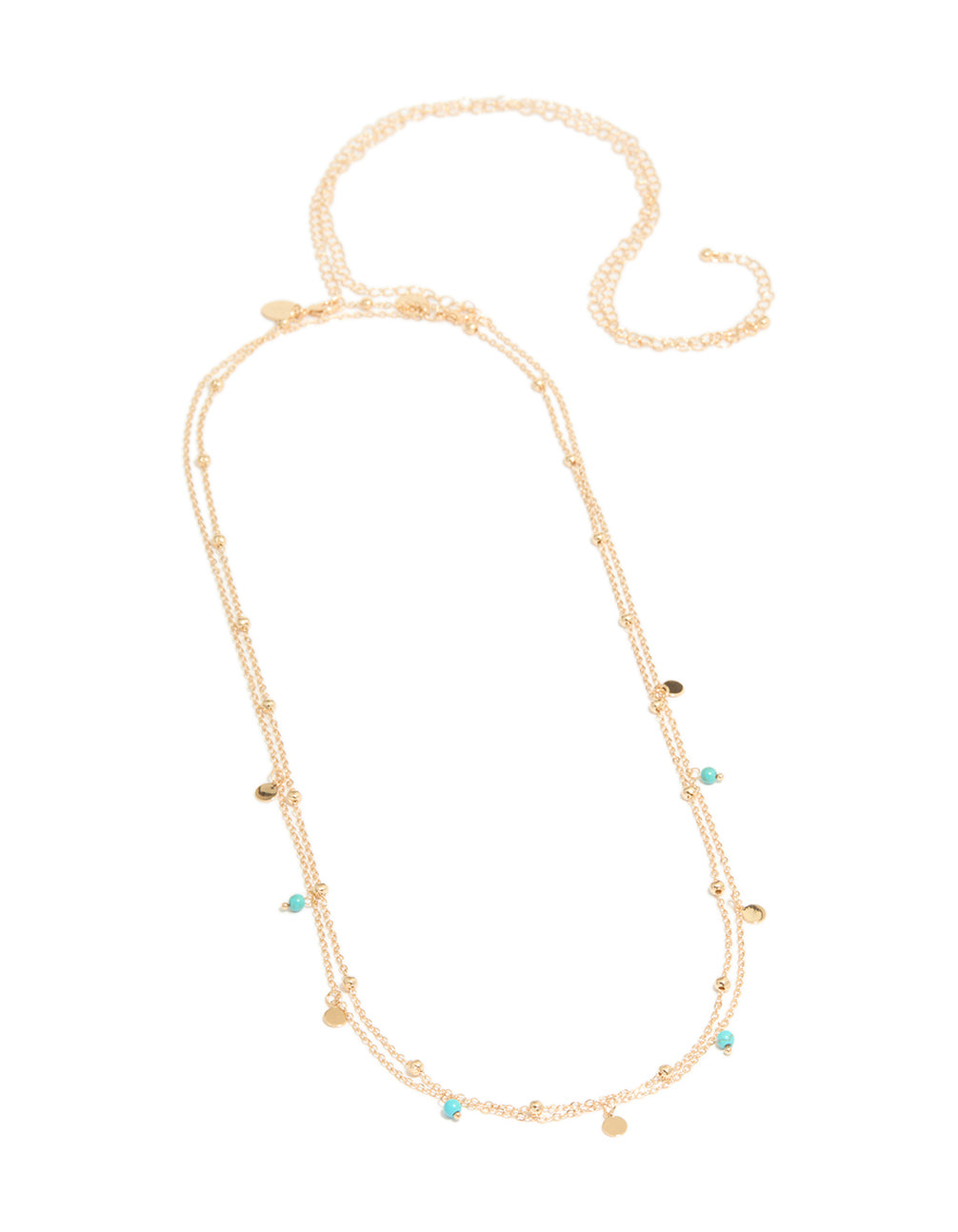 Beautifully designed waist chain with turquoise beads, gold ball, charms and embellished layered front view