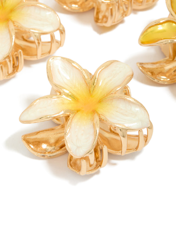 Gold Small Yellow Enamel Frangipani Flower Claw Clips 4-Pack