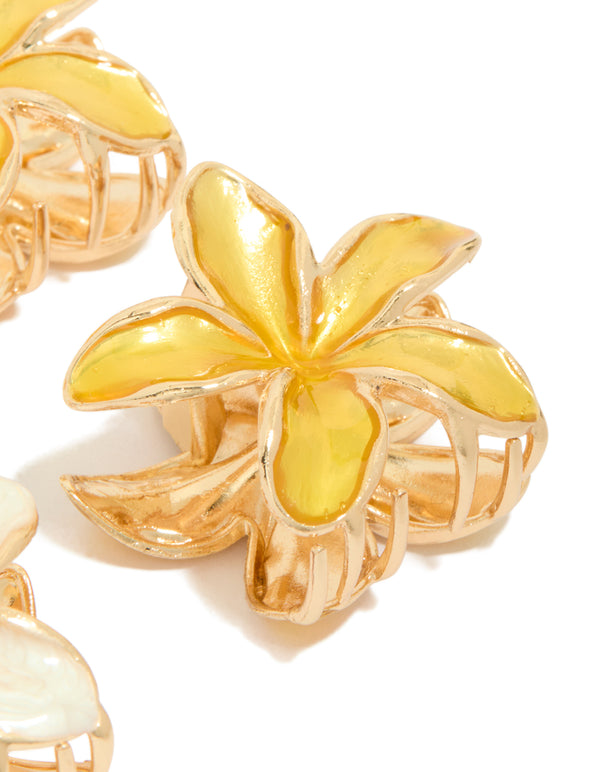 Gold Small Yellow Enamel Frangipani Flower Claw Clips 4-Pack