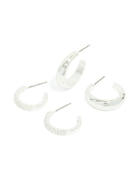 Elegant silver plated cubic zirconia and smooth hoop earrings 2-pack featuring crystal embellishments front view - link has visual effect only