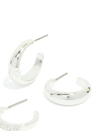 Featuring silver plated cubic zirconia and smooth hoop earrings in a 2-pack with crystal detailing post detail view - link has visual effect only