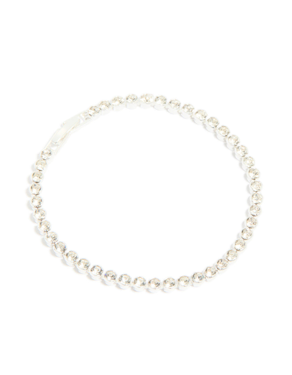 Showcasing a silver plated diamante tennis bracelet with continuous crystal embellishments front view