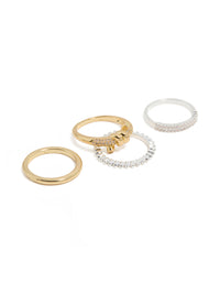 Showcasing mixed metal plated cubic zirconia knotted textured rings 4-pack with beads and charm in gold, silver, clear and pink stone front view - link has visual effect only