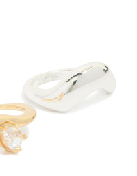 Featuring mixed metal plating in gold and silver, this chunky wave ring 2-pack with cubic zirconia side detail view - link has visual effect only