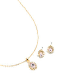 Gold Lilac Diamante Pear Necklace & Earrings Set - link has visual effect only