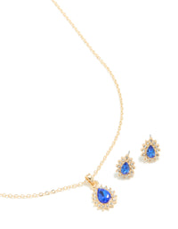 Gold Sapphire Diamante Pear Necklace & Earrings Set - link has visual effect only