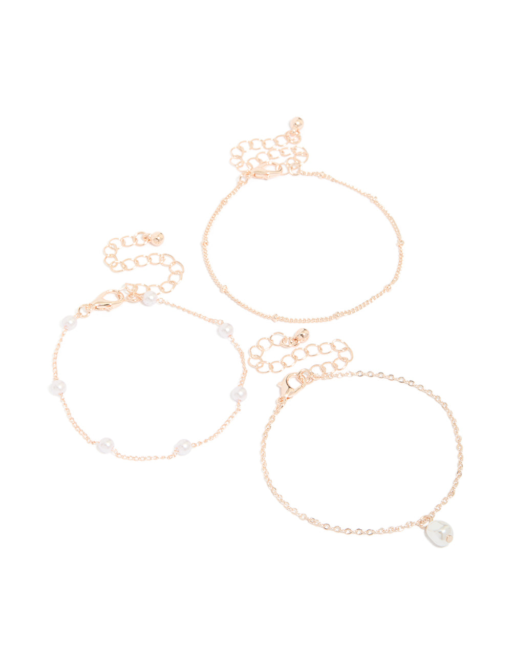 Rose Gold  Pearl & Station Droplet Bracelets 3-Pack