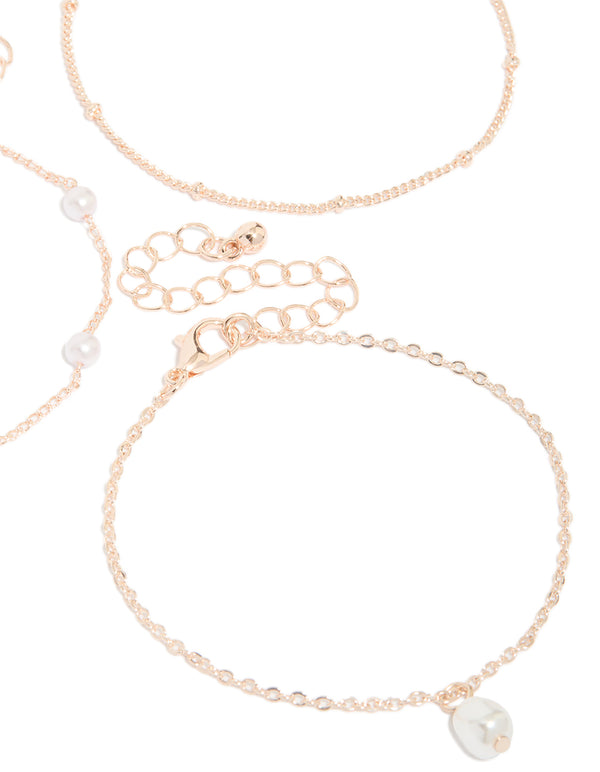 Rose Gold  Pearl & Station Droplet Bracelets 3-Pack