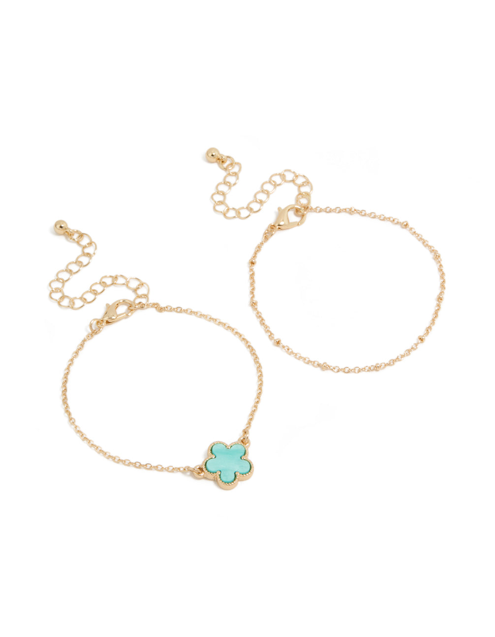 Showcasing a 2-pack of bracelets featuring floral in gold and turquoise front view