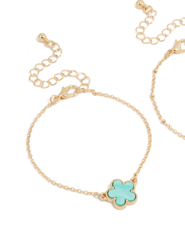 Gold Plain Chain & Blue Flower Bracelets 2-Pack