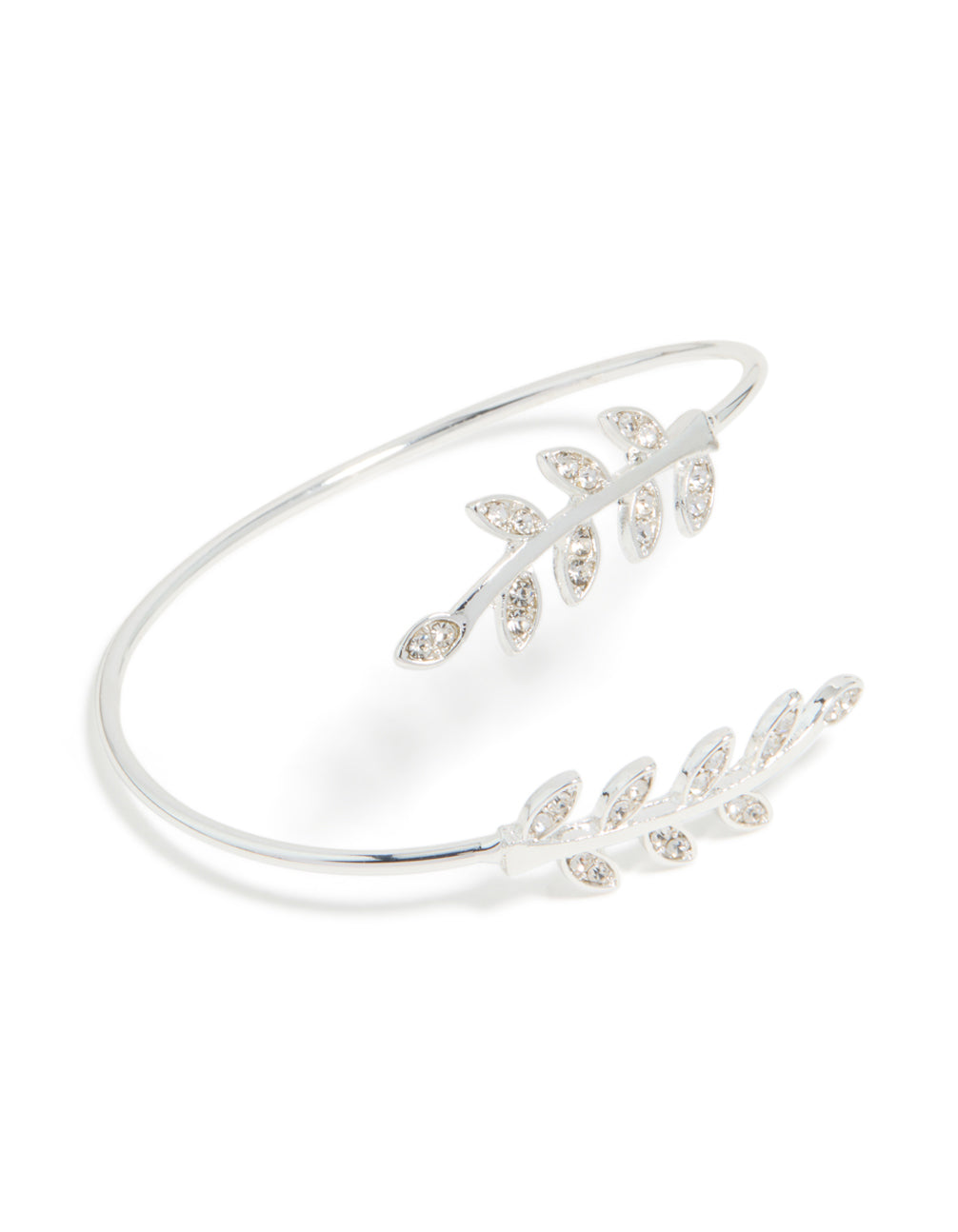 Showcasing a silver leaf wrap around wrist cuff front view