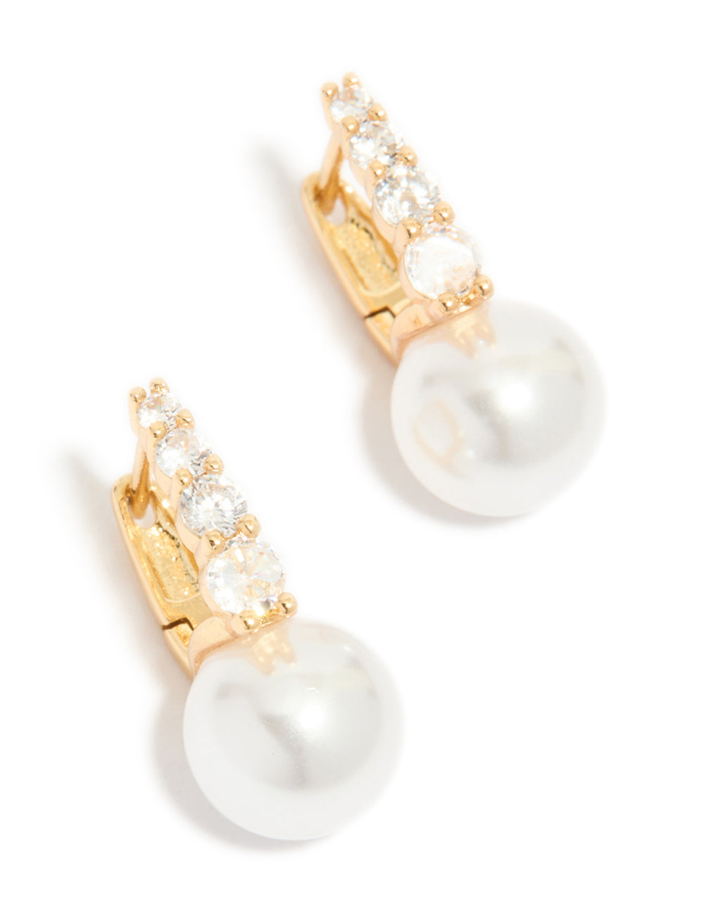 Stunning gold plated cubic zirconia and pearl huggie earrings front view