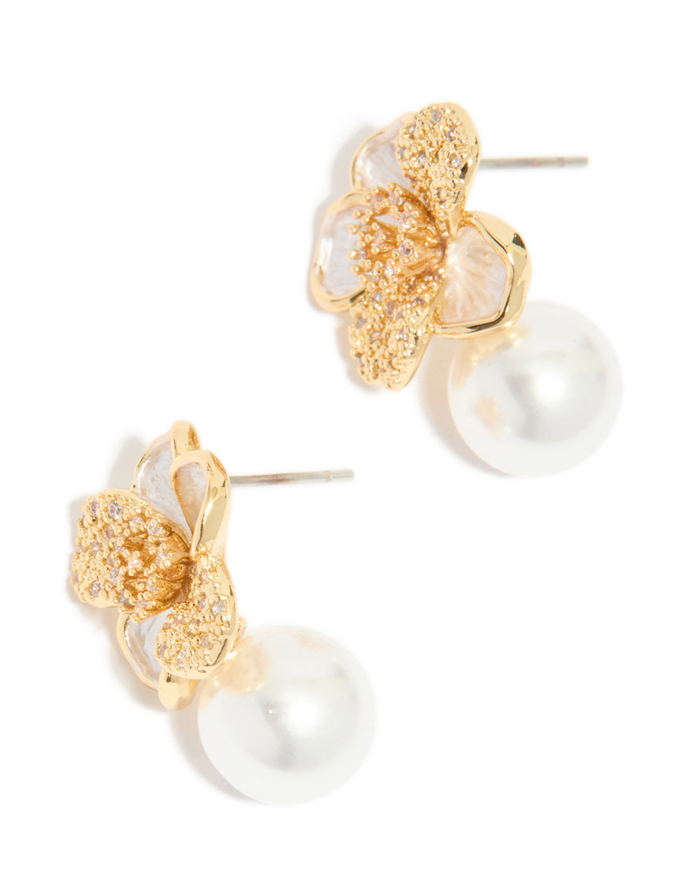 Beautifully crafted statement gold plated cubic zirconia flower and pearl drop earrings in ivory white front view