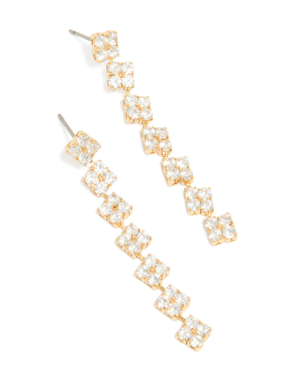 Gold Plated Cubic Zirconia Multi Flower Drop Earrings