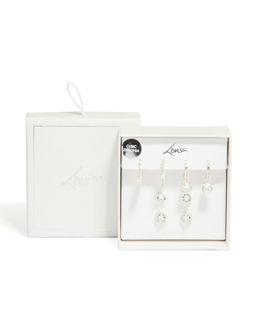 Showcasing silver plated cubic zirconia mixed stud and huggie earrings in a 4 pack front view