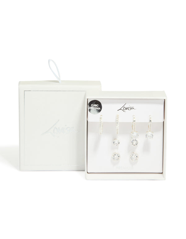 Silver Plated Cubic Zirconia Mixed Stud & Huggie Earrings 4 Pack