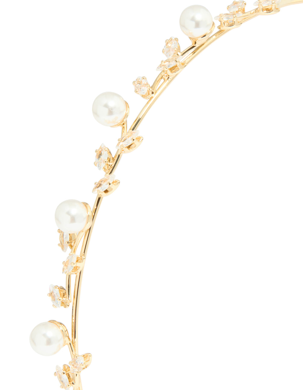 Elegant gold pearl and cubic zirconia dainty vine headband featuring leaf design detail view