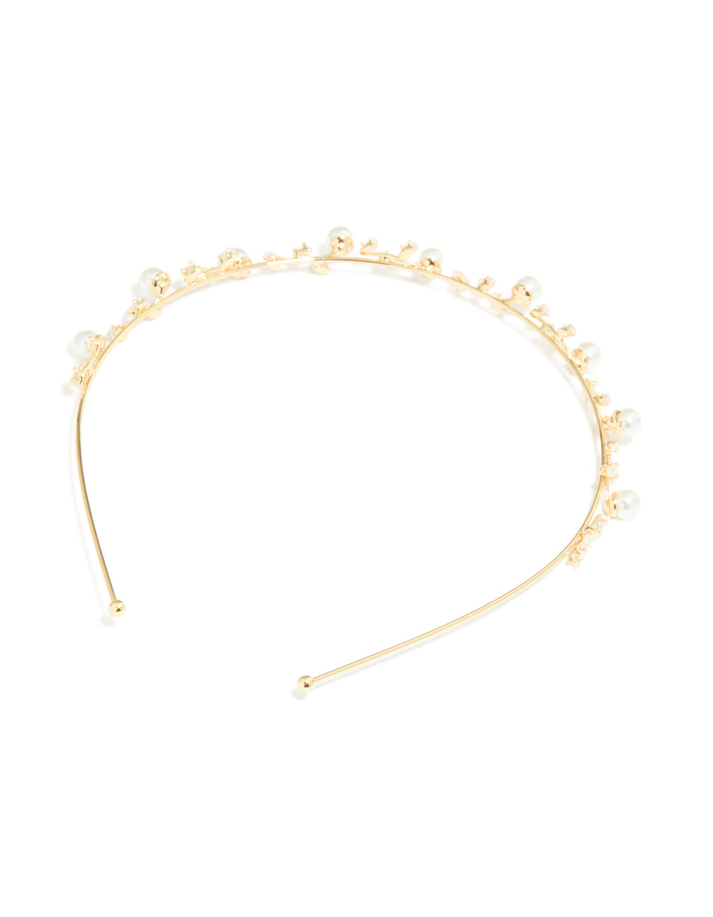 Stunning gold pearl and cubic zirconia dainty vine headband with leaf design side view