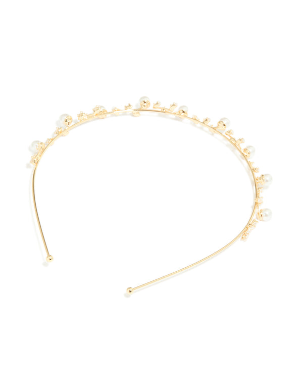 Gold Pearl & Cubic Zirconia Dainty Vine Headband