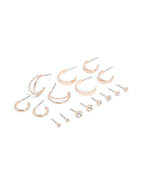 Rose Gold Diamante Stud & Hoop Earrings 8-Pack - link has visual effect only