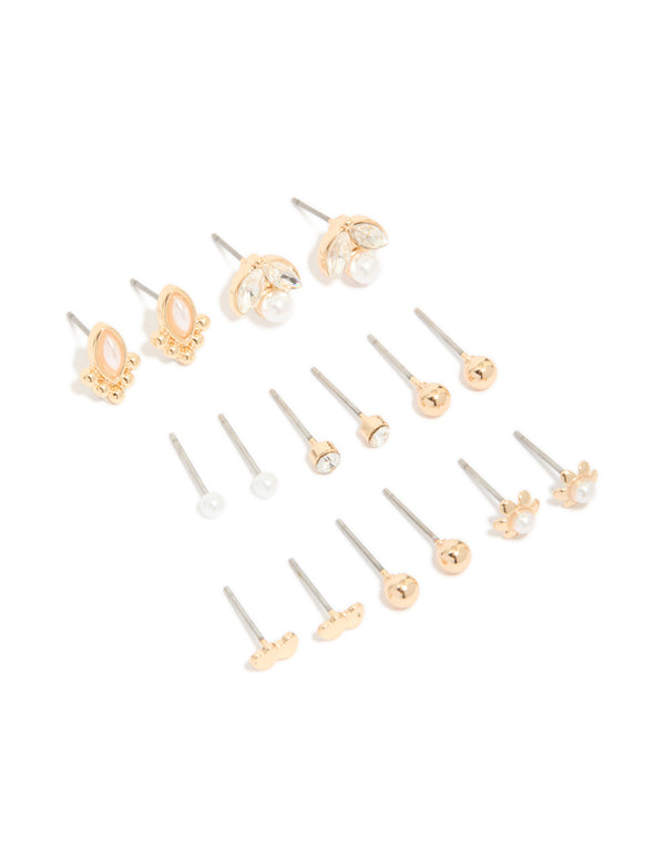Gold Diamante & Pearl Stud Earrings 8-Pack