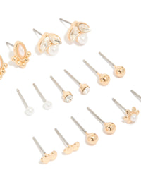 Gold Diamante & Pearl Stud Earrings 8-Pack - link has visual effect only
