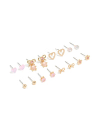 Gold Mixed Heart & Bow Diamante Earrings 8-Pack - link has visual effect only