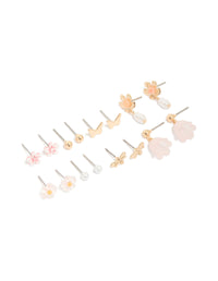 Gold Pearl  & Floral Stud Earrings 8-Pack - link has visual effect only