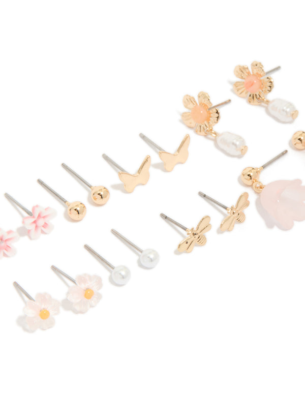 Gold Pearl  & Floral Stud Earrings 8-Pack