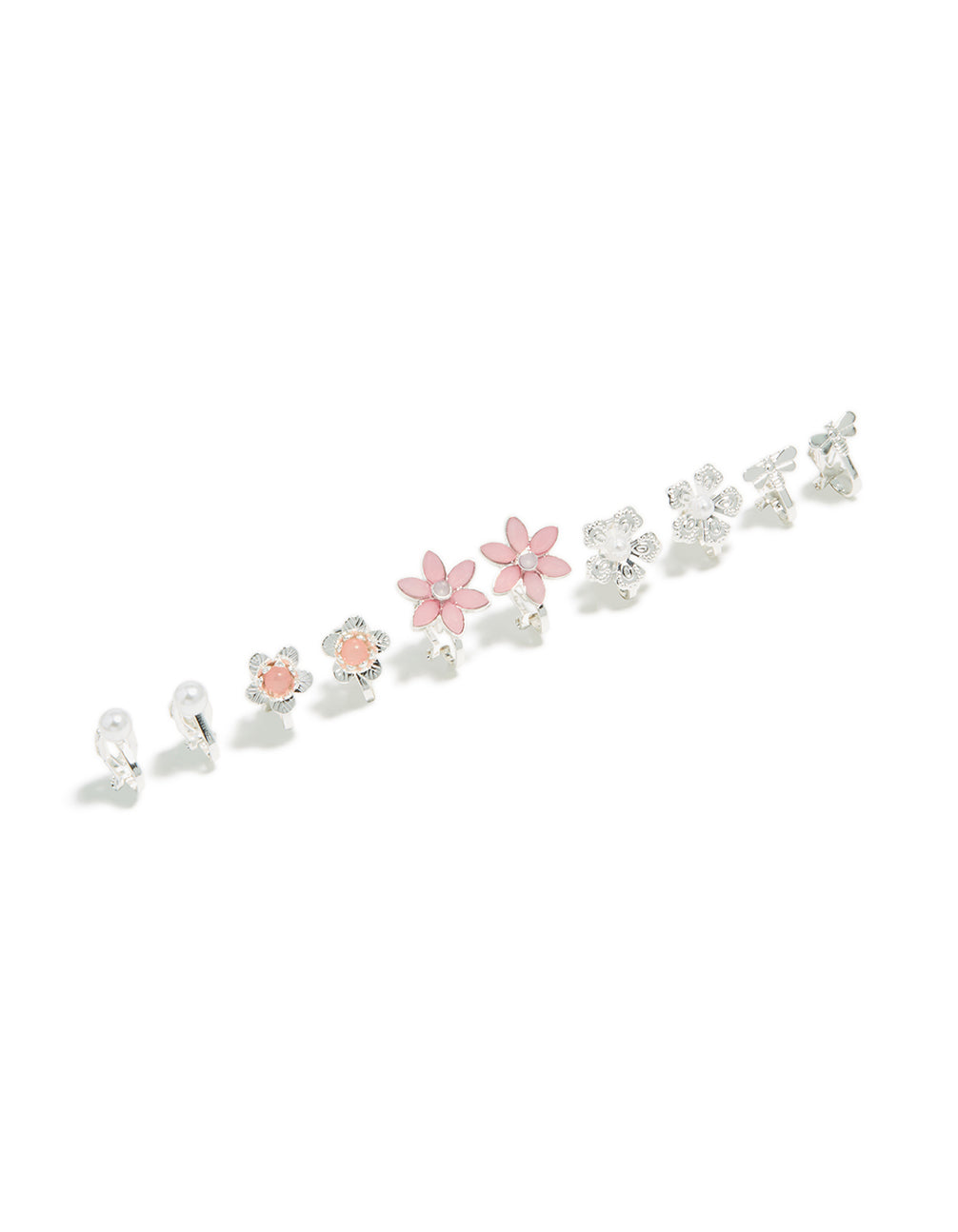Showcasing silver pretty flower clip on earrings in a 5-pack featuring floral patterns with pearl accents front view