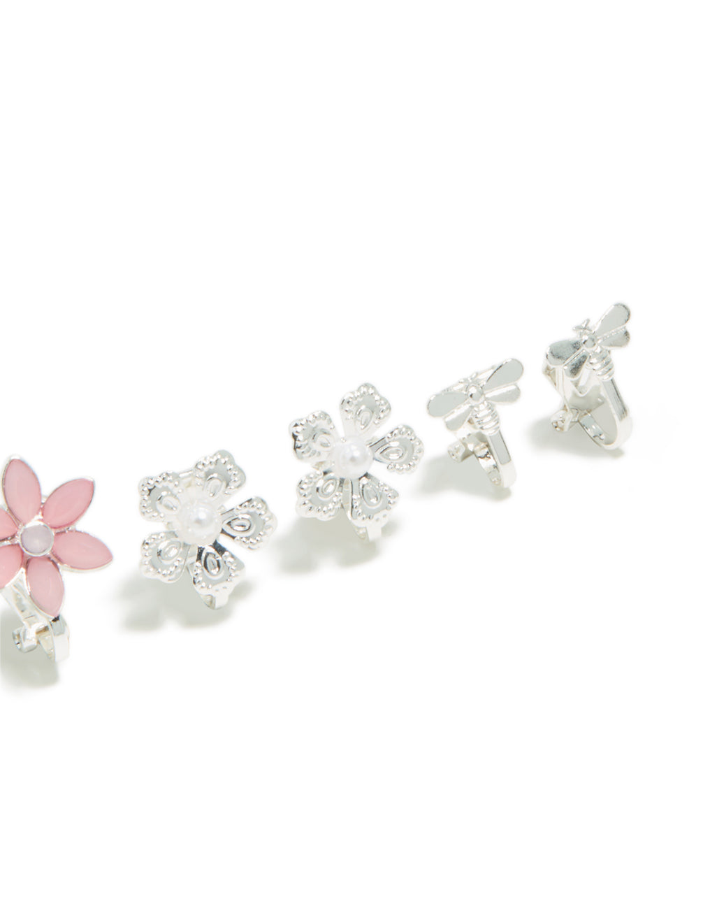 Crafted from silver, pretty flower clip on earrings 5-pack featuring floral pattern with pearls post detail view