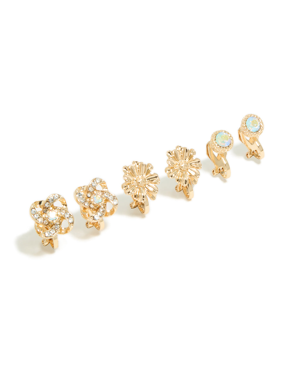 Finely crafted gold butterfly clip on earrings in a 5-pack featuring floral and pearl elements post detail view