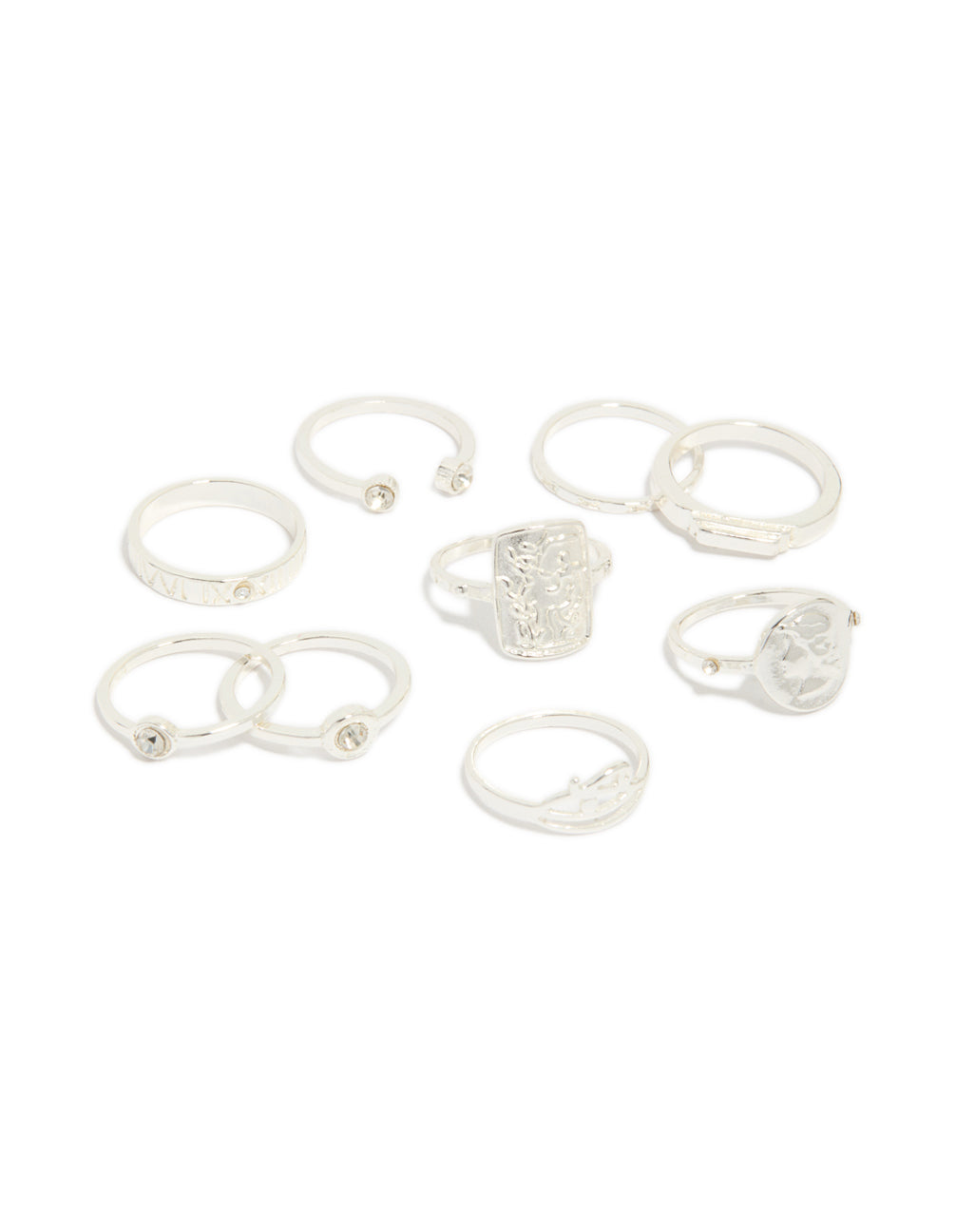 Showcasing a 9-pack of rings featuring Roman numeral and diamante designs in silver tones front view
