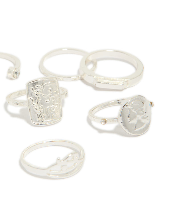 Silver Roman Numeral & Diamante Rings 9-Pack