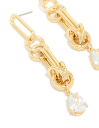 Stunning statement drop earrings in gold plated metal with knotted link and cubic zirconia highlighting intricate detail close up view - link has visual effect only