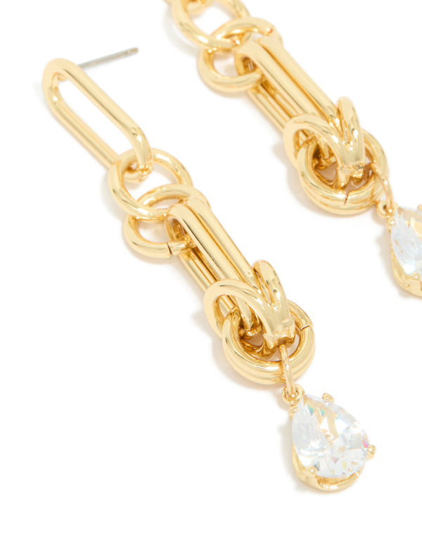 Stunning statement drop earrings in gold plated metal with knotted link and cubic zirconia highlighting intricate detail close up view