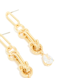 Shop these statement drop earrings crafted from gold plated metal featuring knotted link design with cubic zirconia post detail view - link has visual effect only