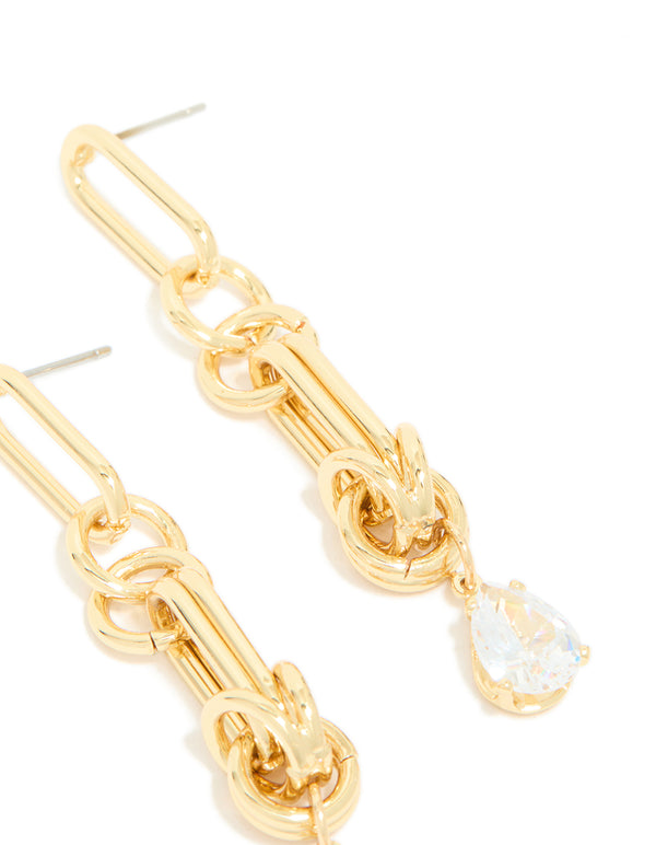 Shop these statement drop earrings crafted from gold plated metal featuring knotted link design with cubic zirconia post detail view