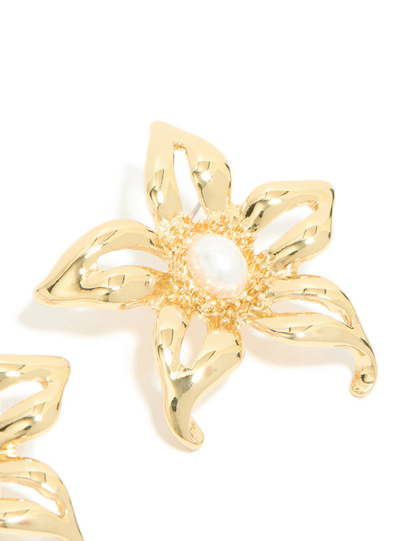 Gold Plated Statement Pearl Flower Earrings