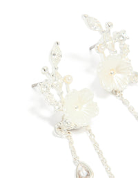 Silver Plated Cubic Zirconia Flower & Pearl Chain Drop Earrings - link has visual effect only