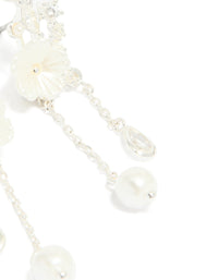 Silver Plated Cubic Zirconia Flower & Pearl Chain Drop Earrings - link has visual effect only