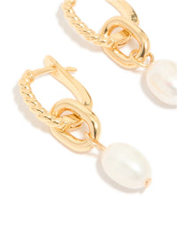 Gold Plated Textured Freshwater Pearl Drop Huggie Earrings - link has visual effect only