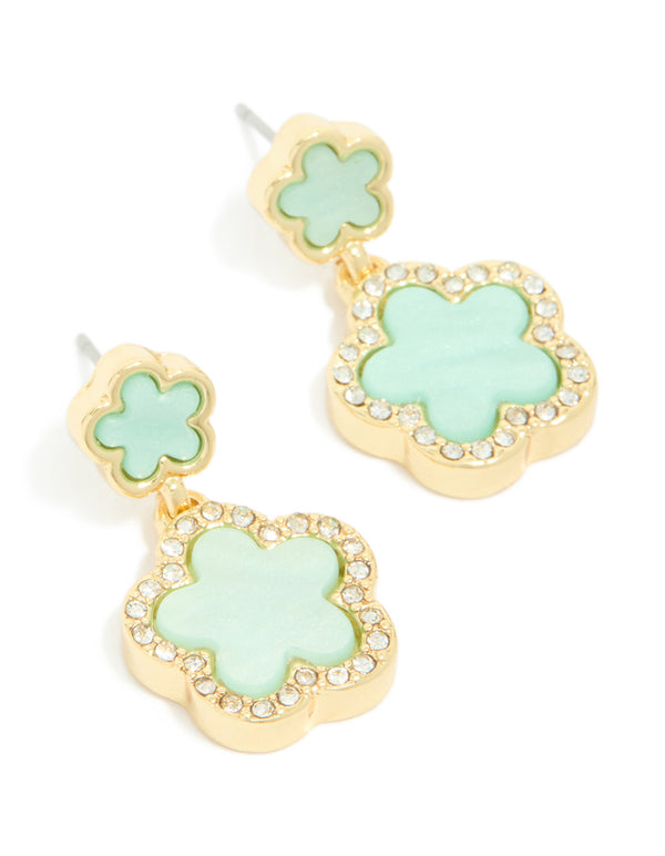 Gold Plated Mint Green Flower Drop Earrings