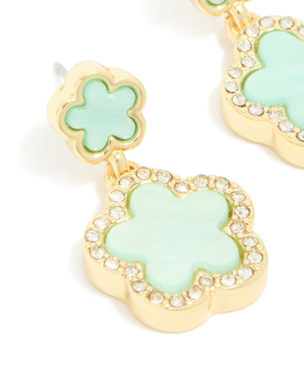 Gold Plated Mint Green Flower Drop Earrings