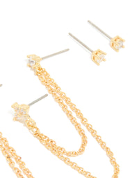 Gold Plated Cubic Zirconia Double Chain & Stud Stacker Earrings 3-Pack - link has visual effect only