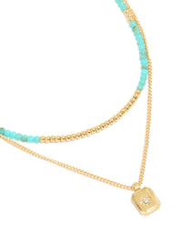 Gold Plated Blue Beaded & Celestial Pendant Layered Necklace - link has visual effect only