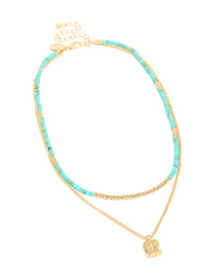 Gold Plated Blue Beaded & Celestial Pendant Layered Necklace - link has visual effect only